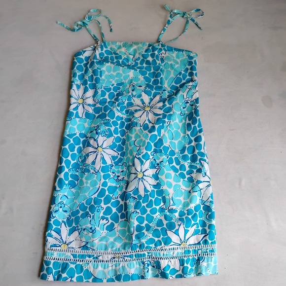 Lilly Pulitzer Dress 8 Vintage Blue Panthers Floral‎ Smocked Bow Sleeve Mini - Picture 1 of 11